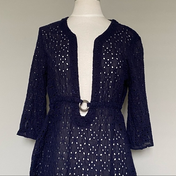 Echo Navy Eyelet Swim/Beach Cover-up Tunic, Silver O-Ring Plunge Neck, Medium - Picture 3 of 16